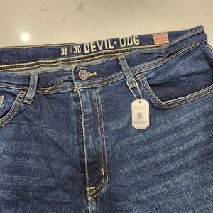 Devil Dog Jeans Dungarees Dark Blue Wash Straight Stretch Denim Mens 36x30